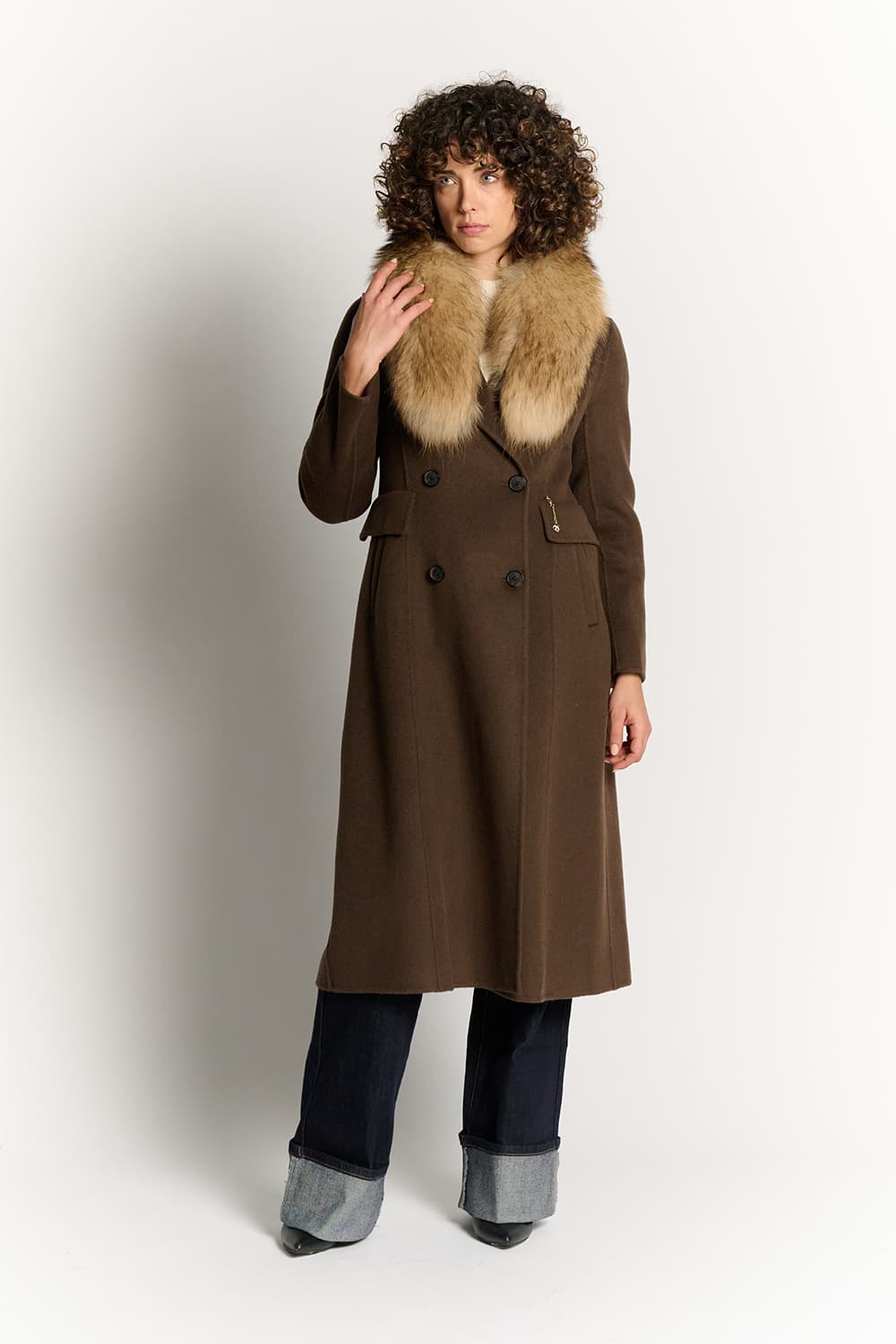 Cappotto Cioccolato con Collo di Pelliccia donna Barone firenze - 2