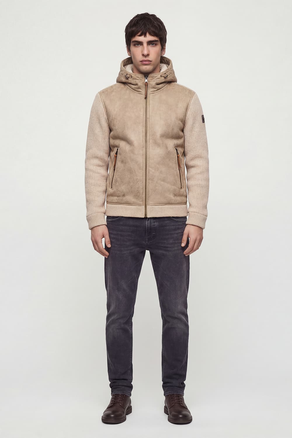 Giubbotto Misto Lana con Cappuccio Beige