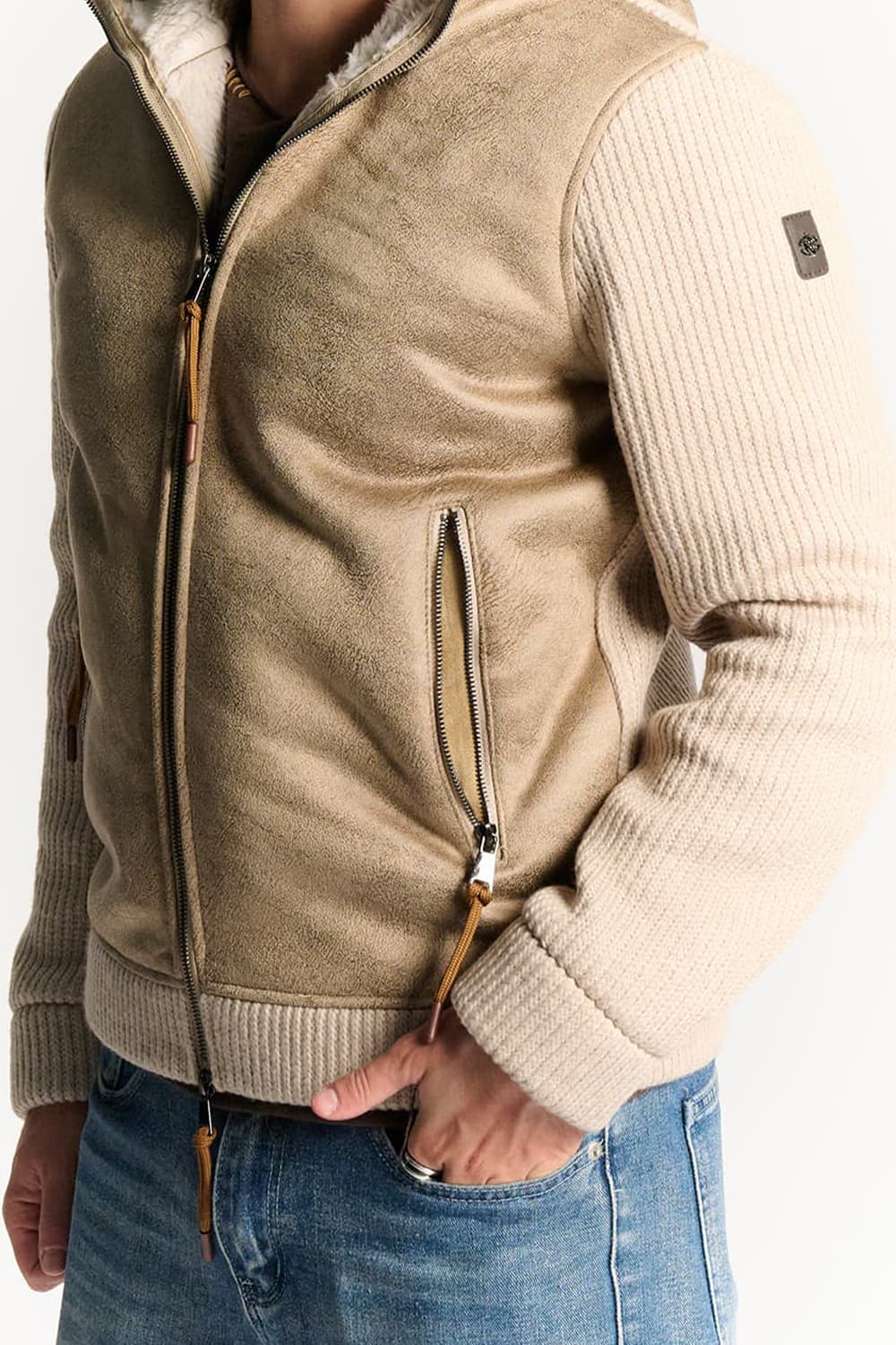 Giubbotto Misto Lana con Cappuccio Beige