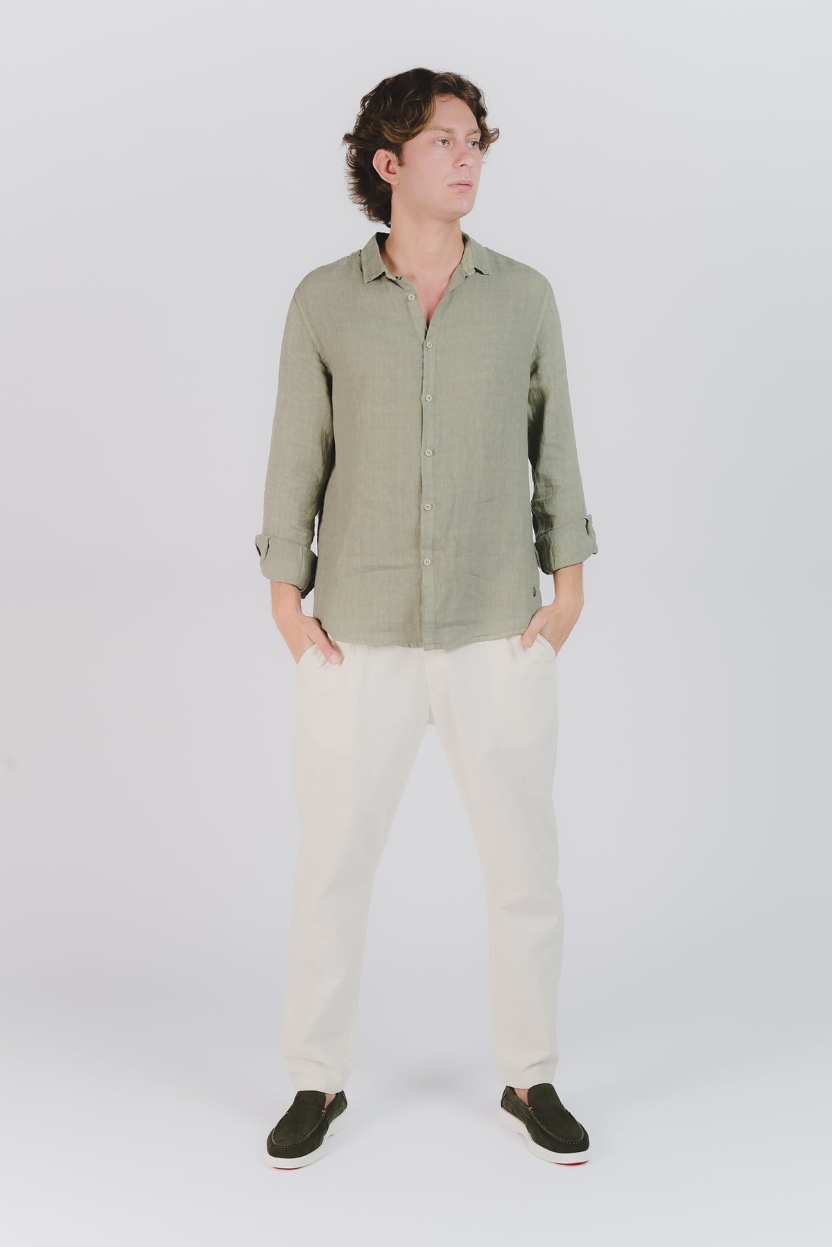Camicia Uomo Lino Verde Militare uomo Barone firenze - 2