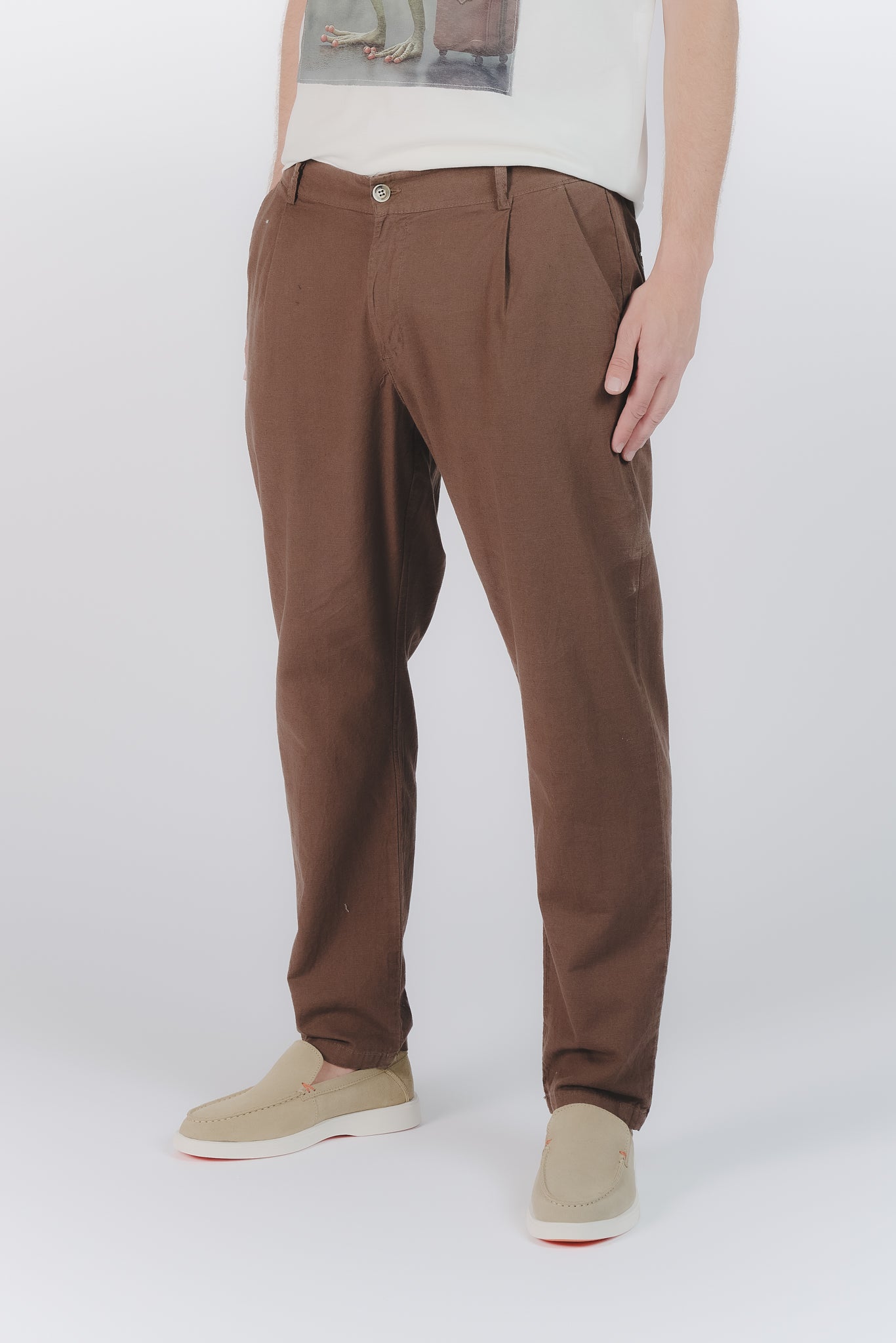 Pantaloni Lino con Bottone Cioccolato uomo Barone firenze - 1