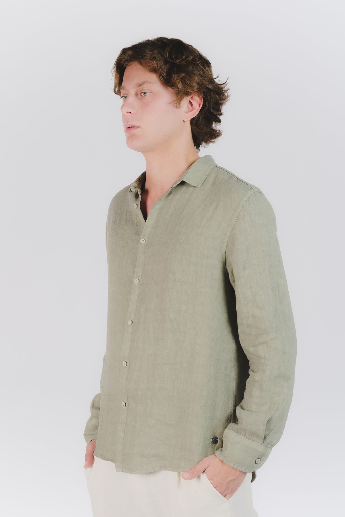 Camicia Uomo Lino Verde Militare uomo Barone firenze - 1
