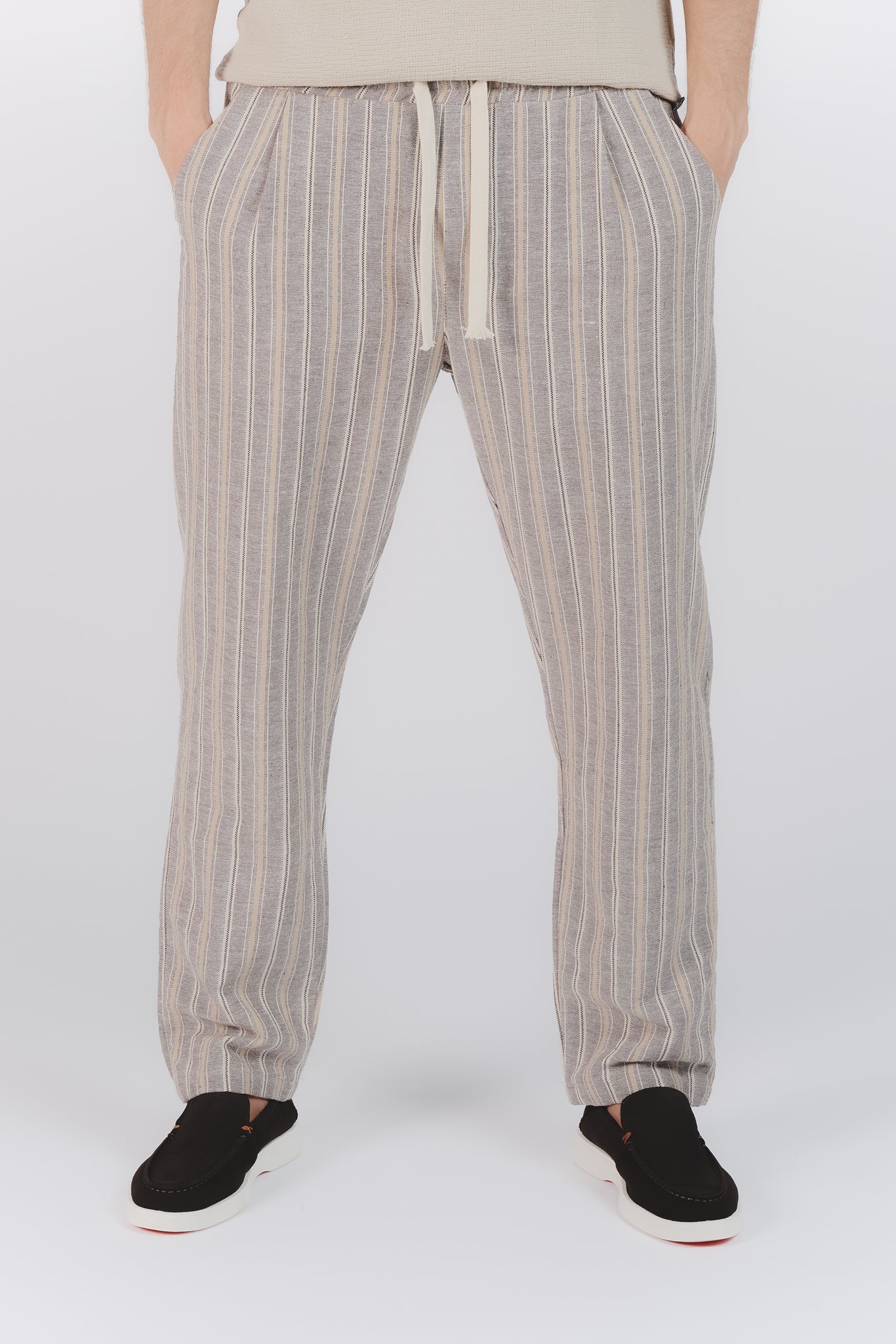 Pantaloni Misto Cotone e Lino a Righe Beige uomo Barone firenze - 1