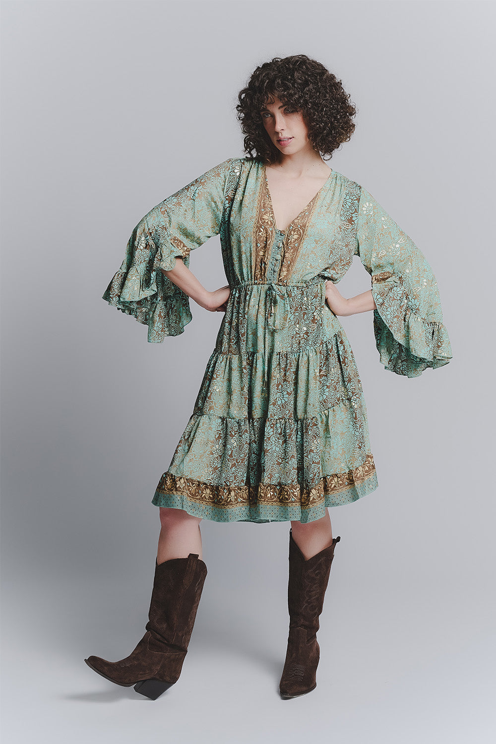 Abito Corto Gipsy Turchese Scollo a V donna Barone firenze - 2