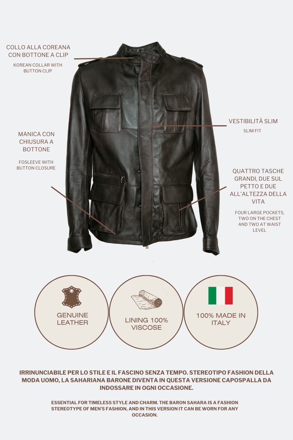 Francesco Sahariana Testa di Moro giacca uomo 100% vera pelle Made in Italy - Barone Firenze