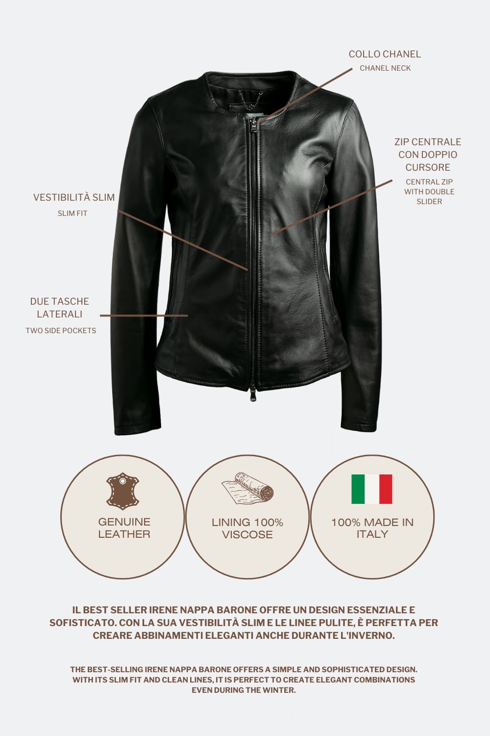 Irene Long Black Jacket 100% genuine leather Made in Italy - Barone Firenze