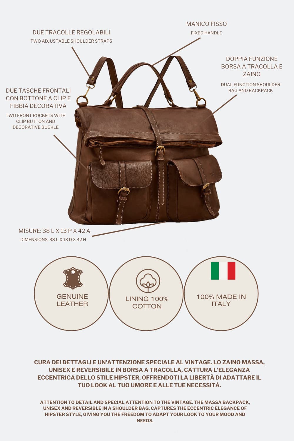 Massa backpack 100% genuine leather Made in Italy - Barone Firenze