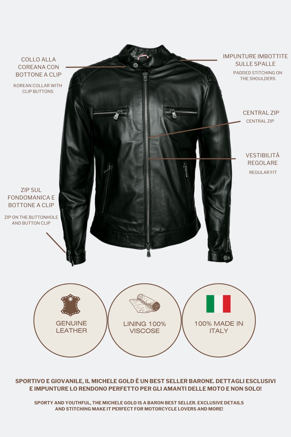 Michele Leather Jacket with Stitching 100% Real Leather Made in Italy - Baron Florence