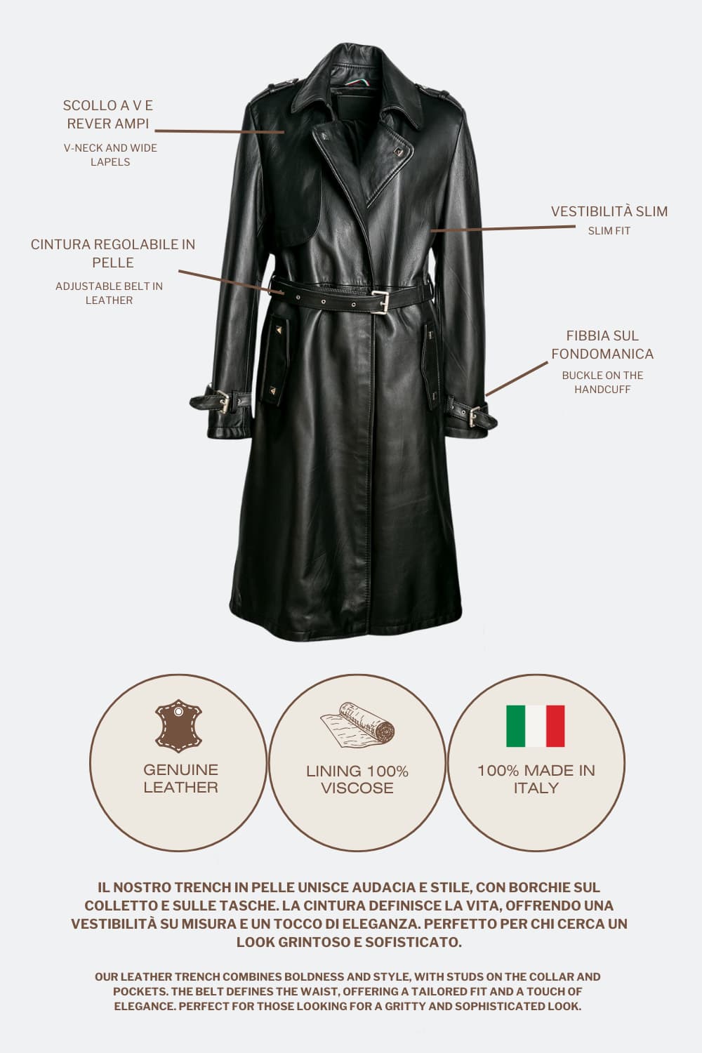 Black 100% genuine leather Made in Italy women's trench coat - Barone Firenze