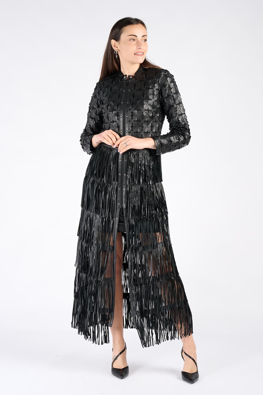 Women's Long Flowers and Fringes Jacket 100% genuine leather Made in Italy - Barone Firenze