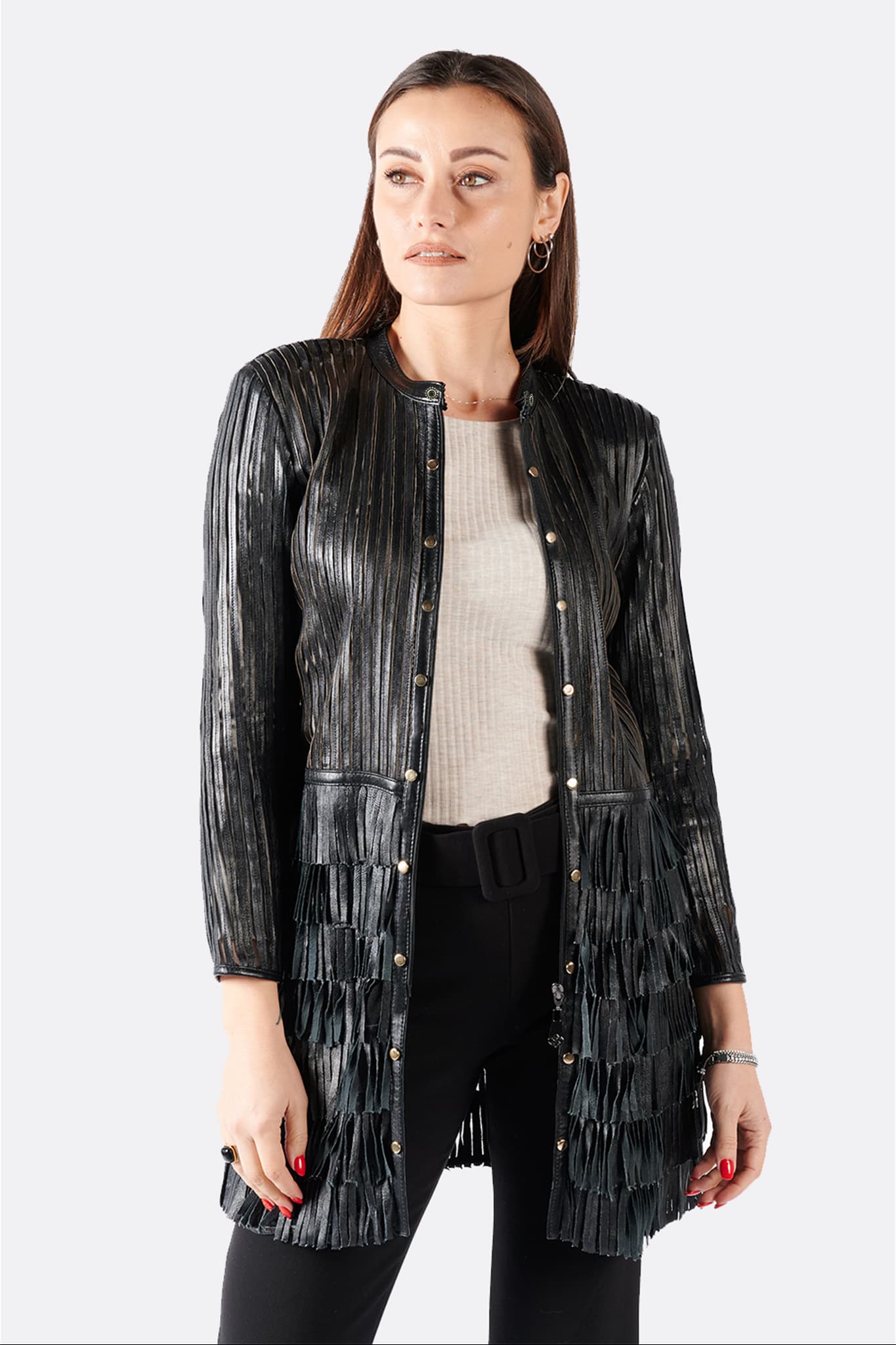 Jacket Fringes Studs and Zip woman 100% genuine leather Made in Italy- Barone Firenze