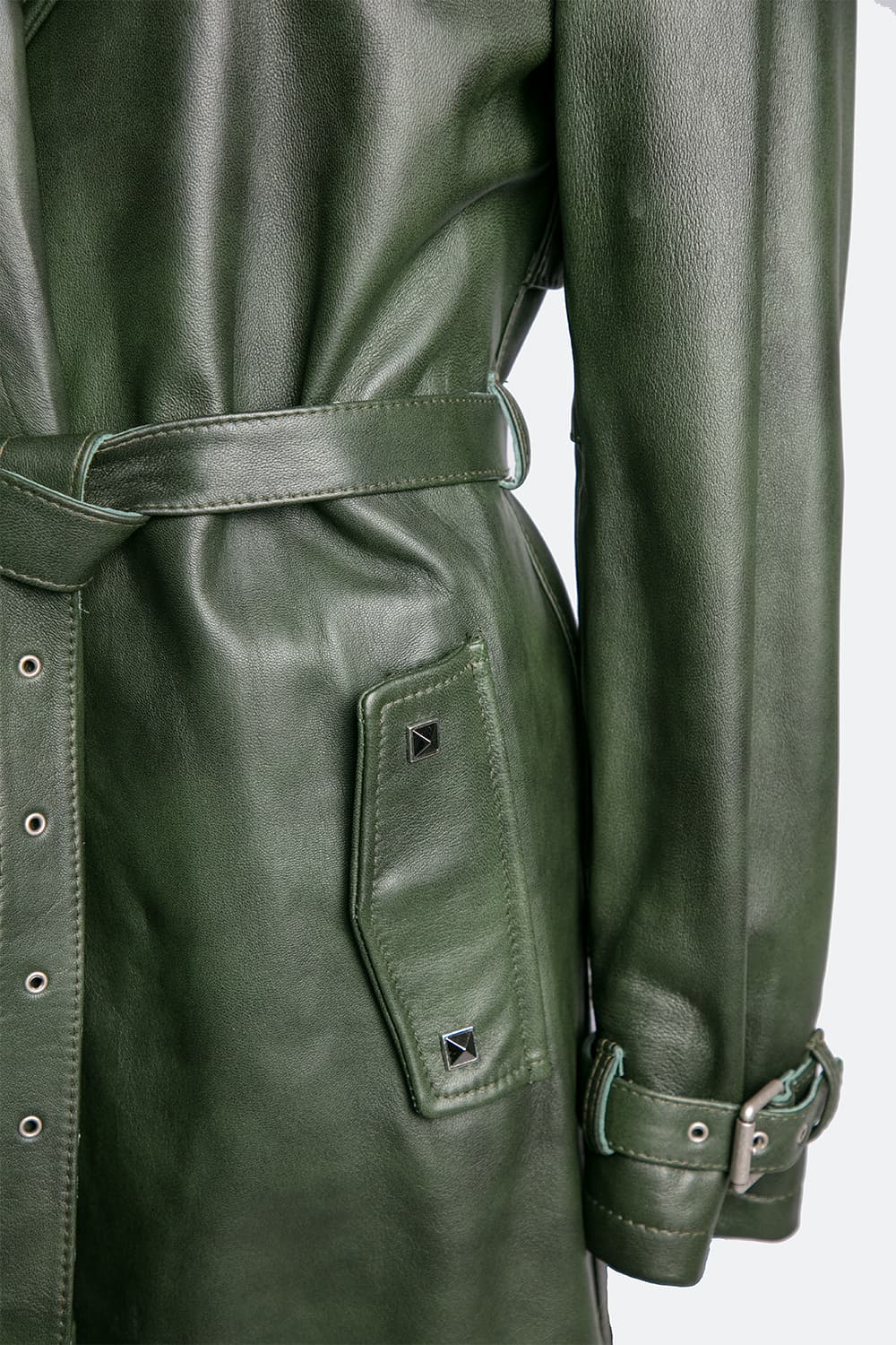 Green 100% genuine leather Made in Italy women's trench coat - Barone Firenze