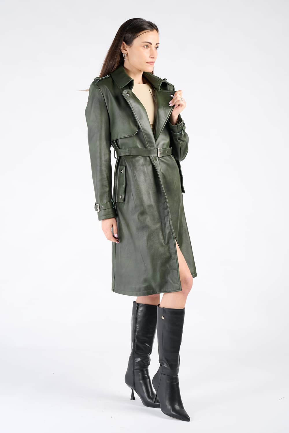 Green 100% genuine leather Made in Italy women's trench coat - Barone Firenze