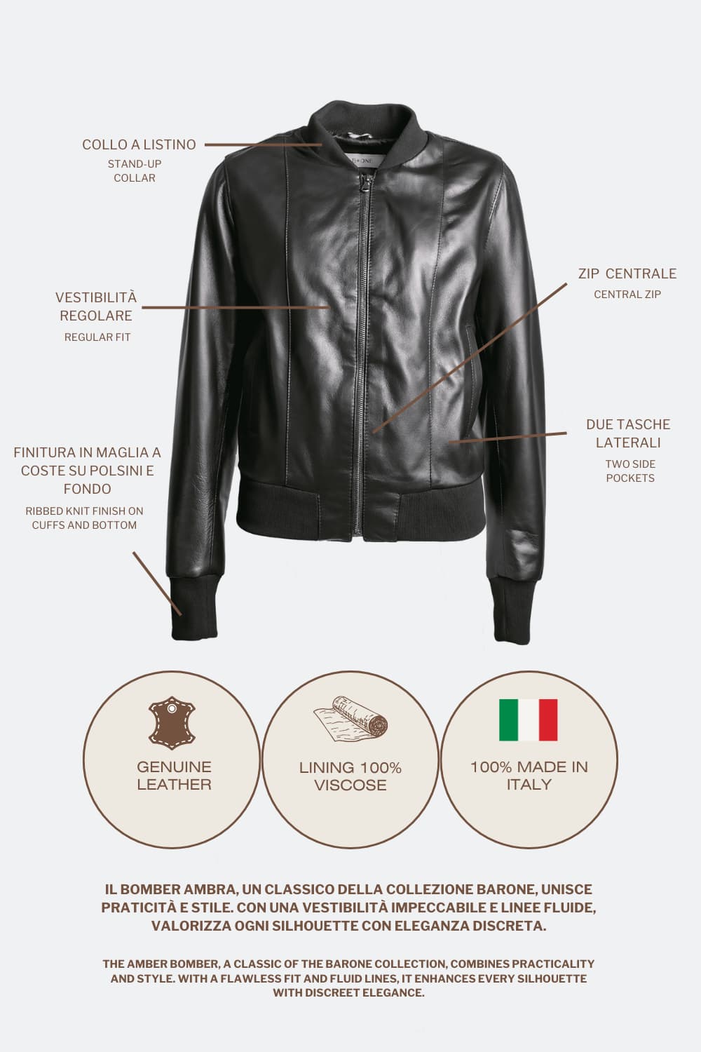 Amber black women's jacket 100% genuine leather Made in Italy- Barone Firenze