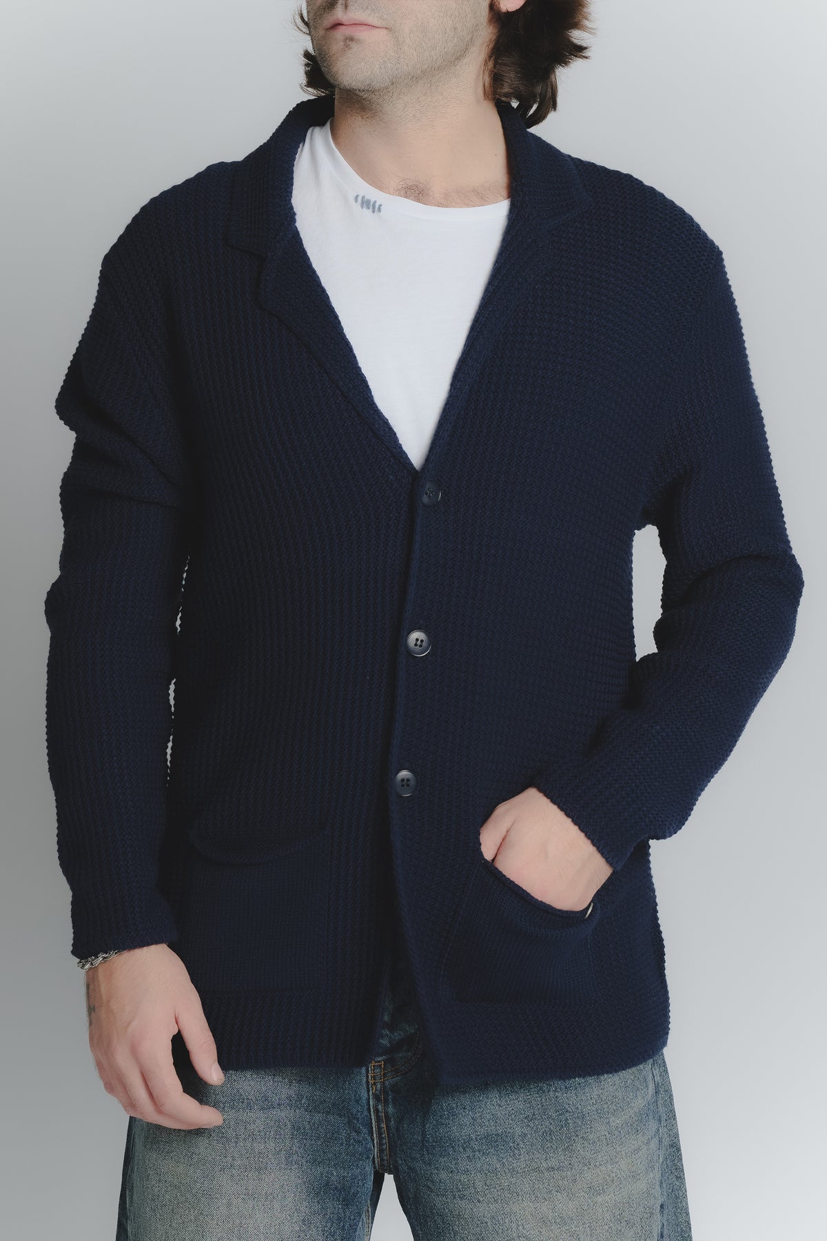 Cardigan Misto Lana Blu da Uomo uomo Barone firenze - 1