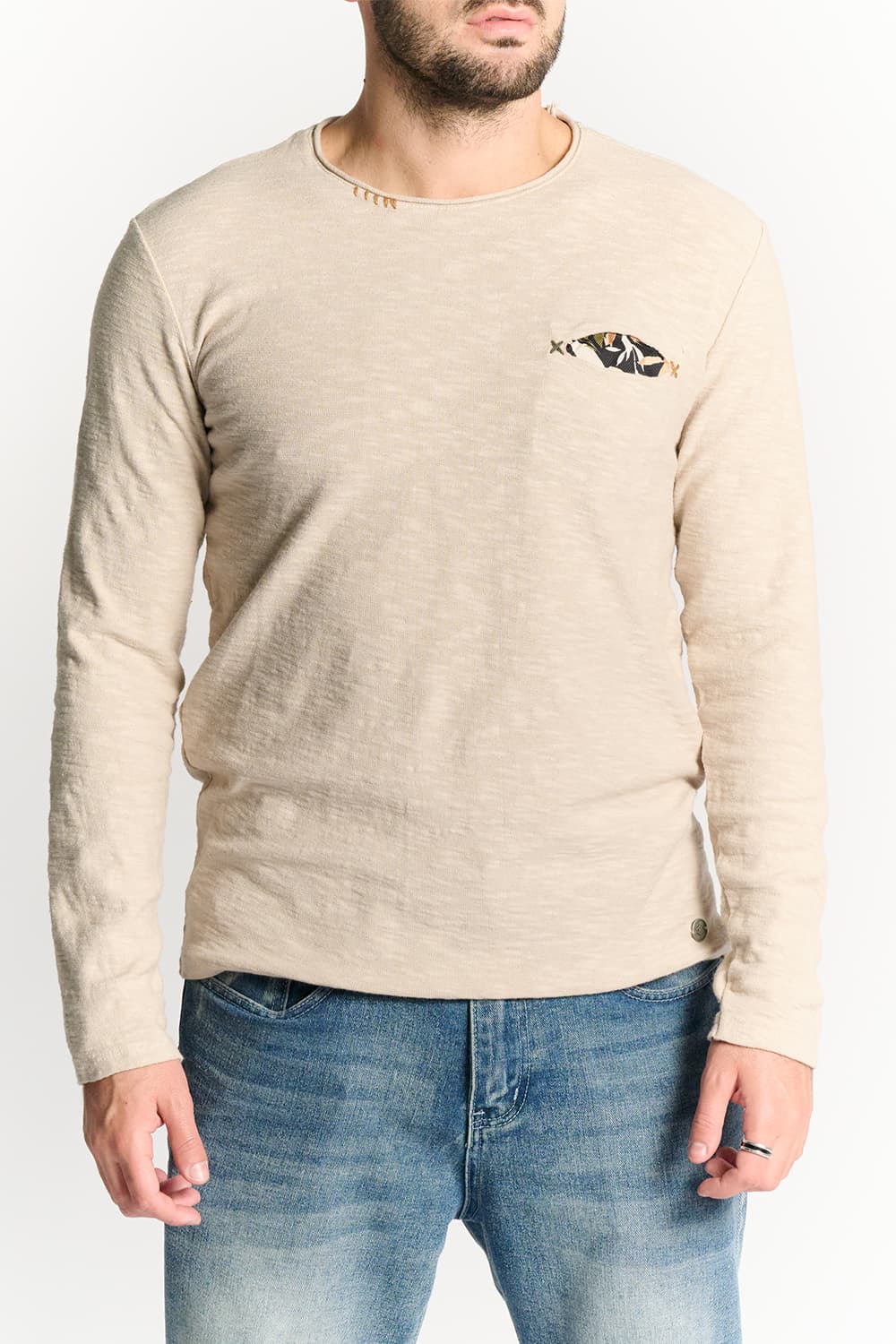 Maglia Uomo Cotone a Maniche Lunghe Beige