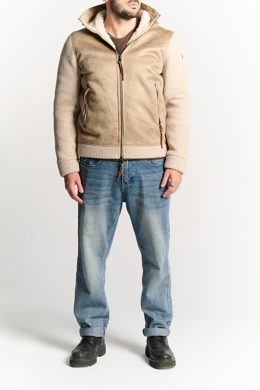 Giubbotto Misto Lana con Cappuccio Beige