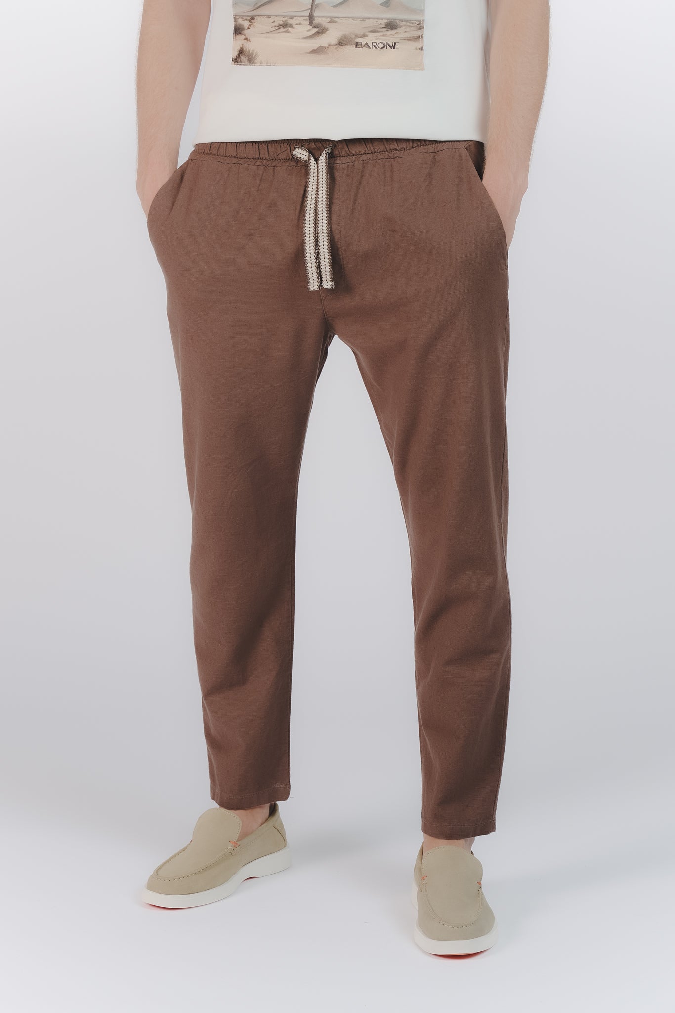 Pantaloni Lino con Elastico Cioccolato uomo Barone firenze - 2