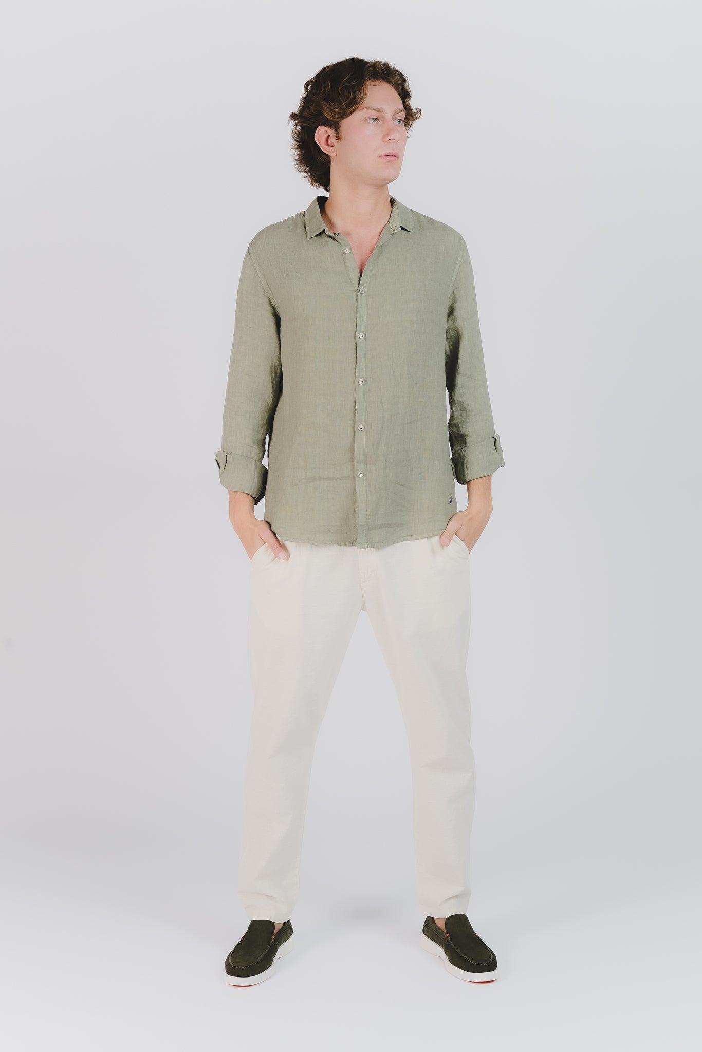 Camicia Uomo Lino Verde Militare uomo Barone firenze - 2