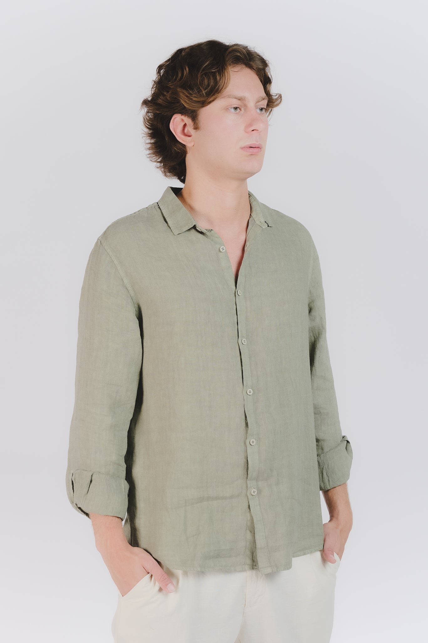 Camicia Uomo Lino Verde Militare uomo Barone firenze - 3
