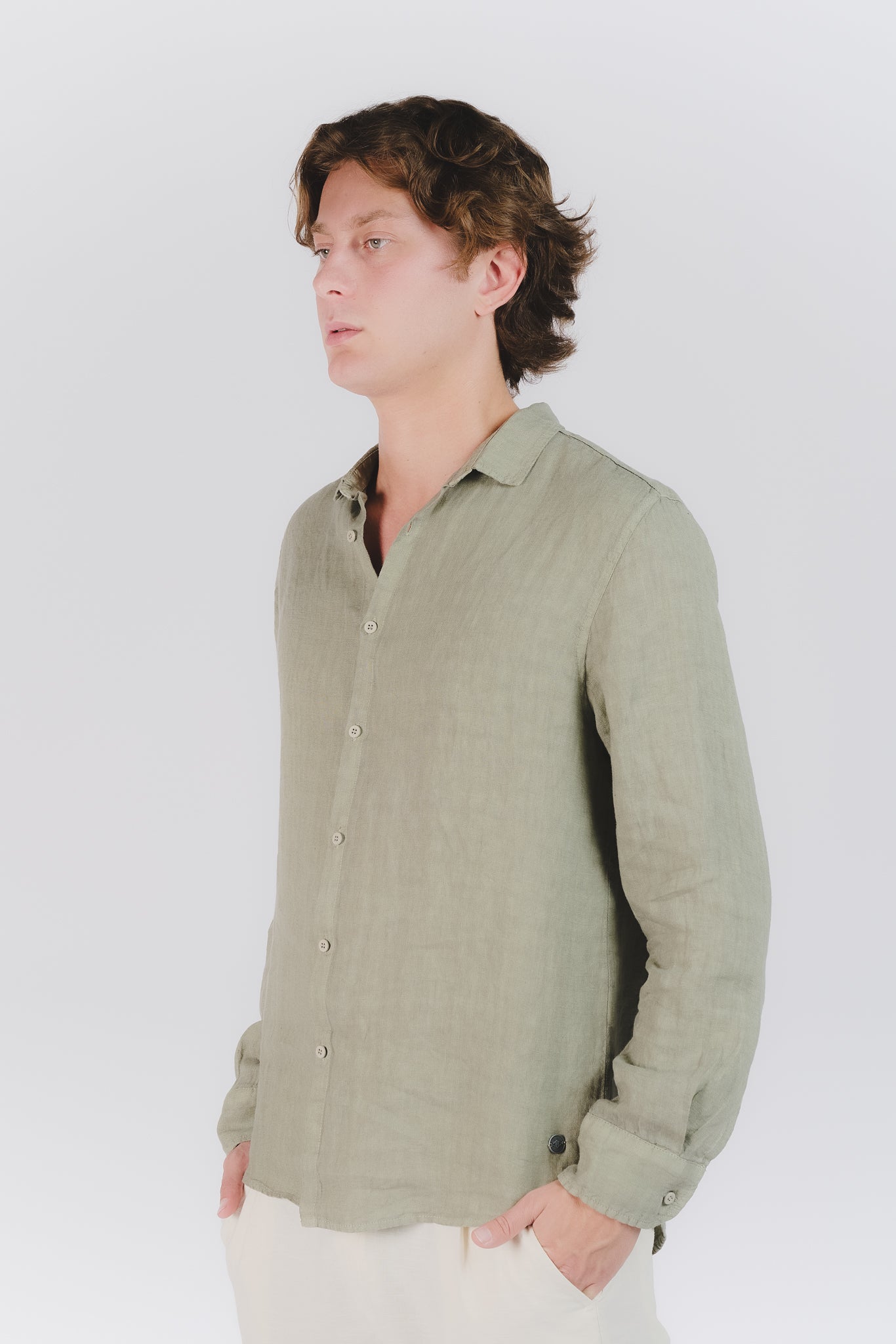 Camicia Uomo Lino Verde Militare uomo Barone firenze - 1