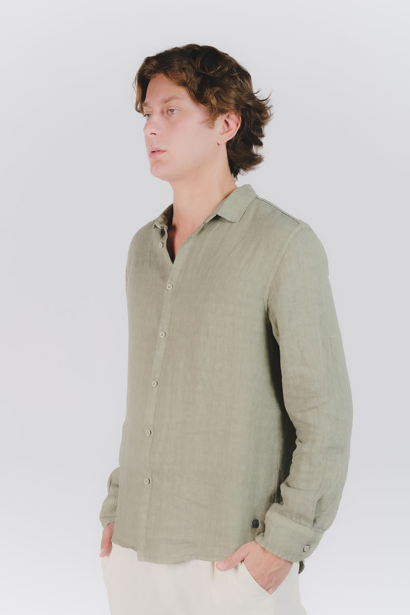 Camicia Uomo Lino Verde Militare uomo Barone firenze - 1