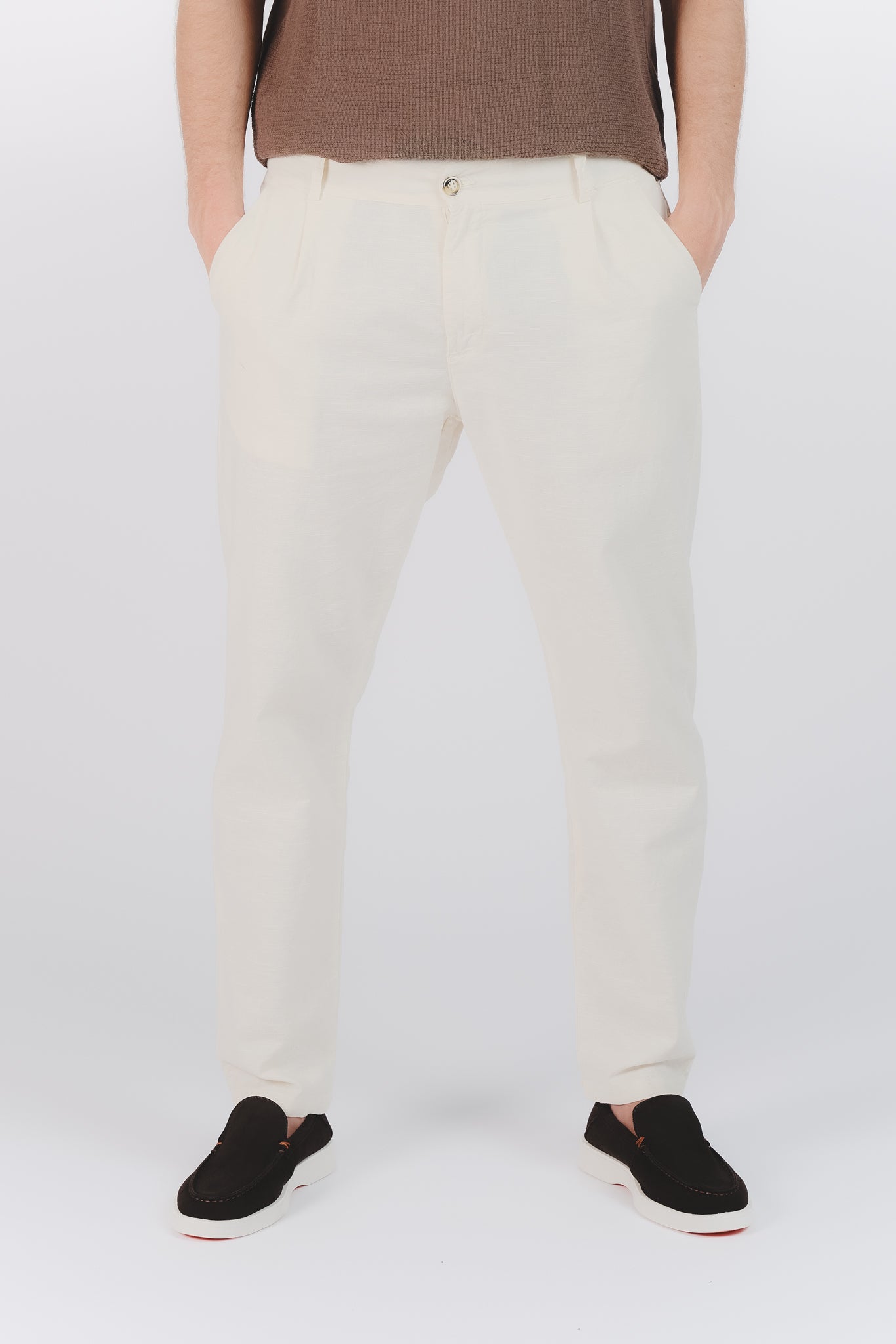 Pantaloni Lino con Bottone Panna uomo Barone firenze - 1