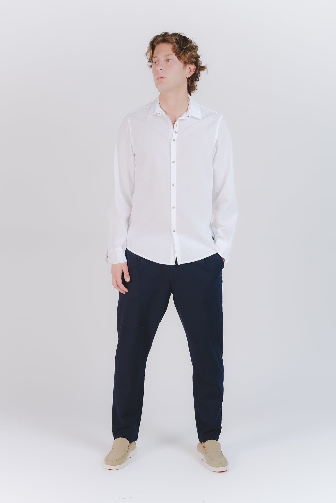 Pantaloni Lino con Bottone Blu uomo Barone firenze - 2