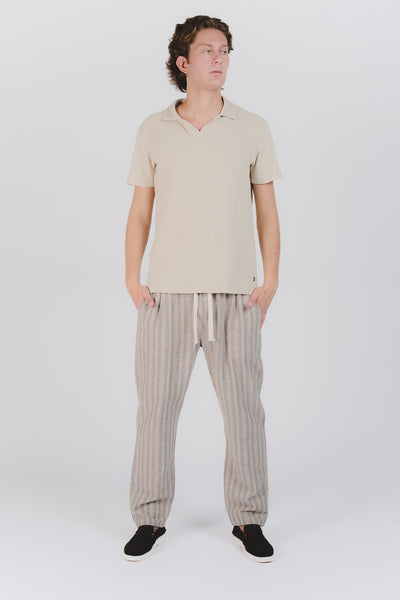 Pantaloni Misto Cotone e Lino a Righe Beige