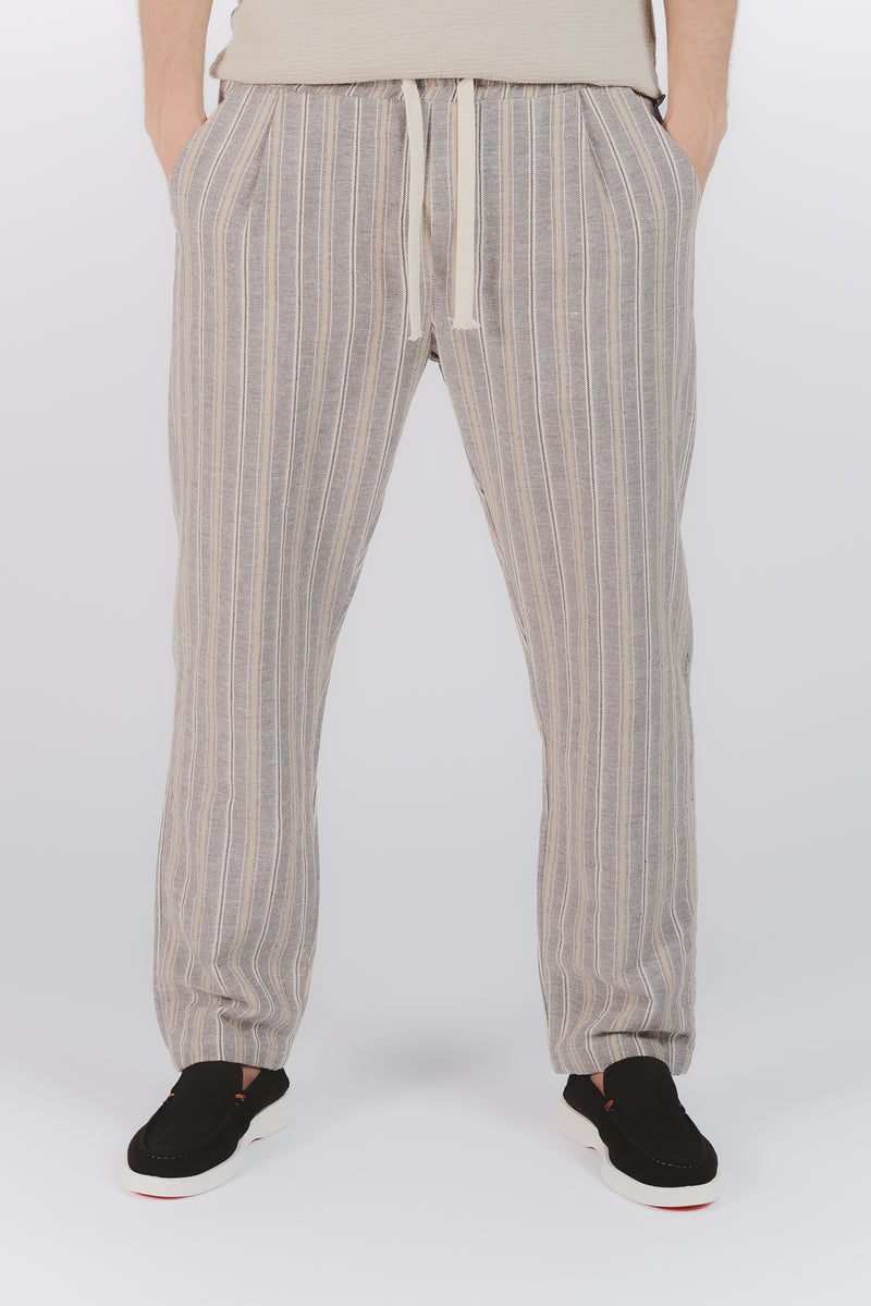 Pantaloni Misto Cotone e Lino a Righe Beige uomo Barone firenze - 1