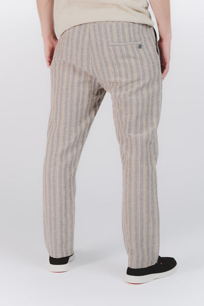 Pantaloni Misto Cotone e Lino a Righe Beige