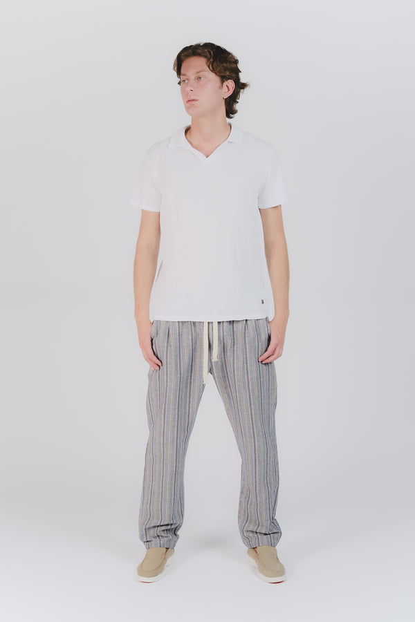 Pantaloni Misto Cotone e Lino a Righe Blu uomo Barone firenze