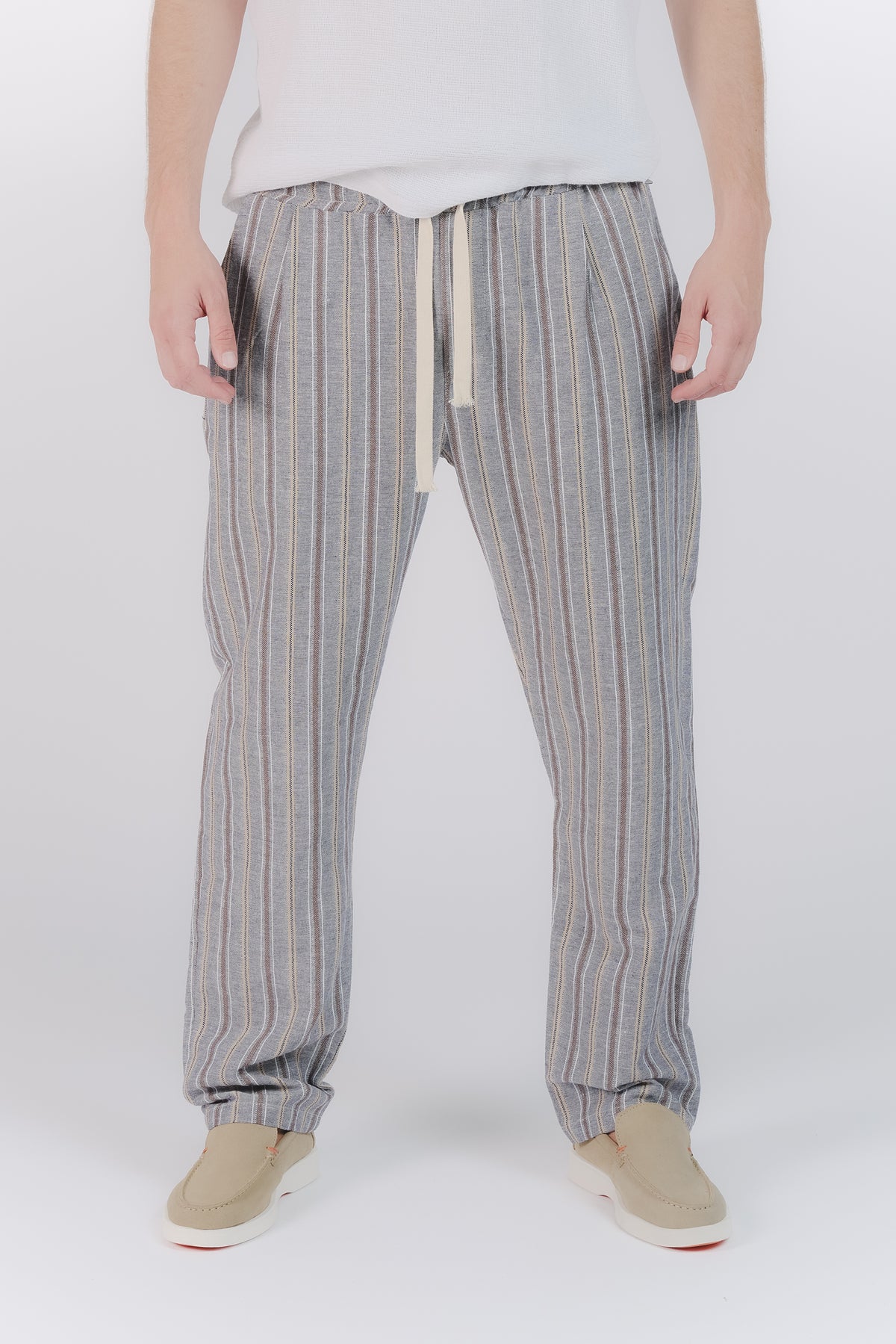 Pantaloni Misto Cotone e Lino a Righe Blu uomo Barone firenze - 1