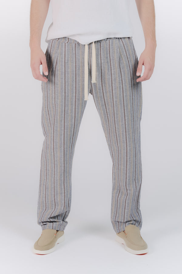 Pantaloni Misto Cotone e Lino a Righe Blu uomo Barone firenze