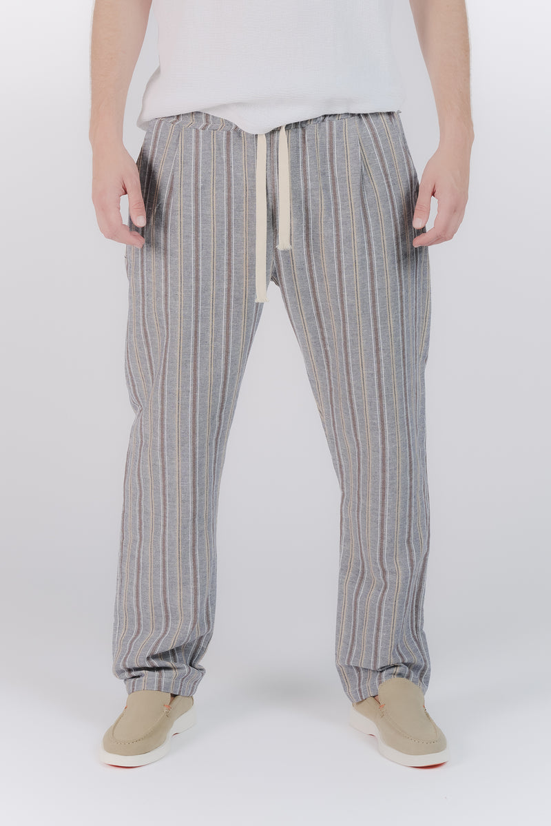 Pantaloni Misto Cotone e Lino a Righe Blu uomo Barone firenze - 1