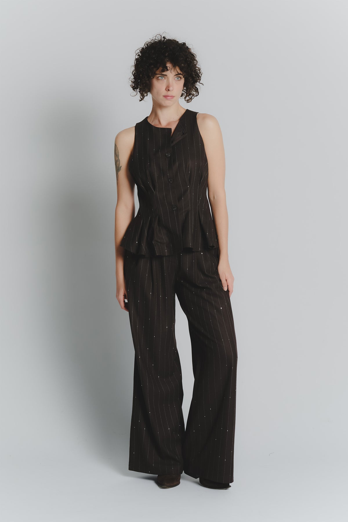 Pantalone Palazzo Gessato Cioccolato con Paillettes donna Barone firenze - 2