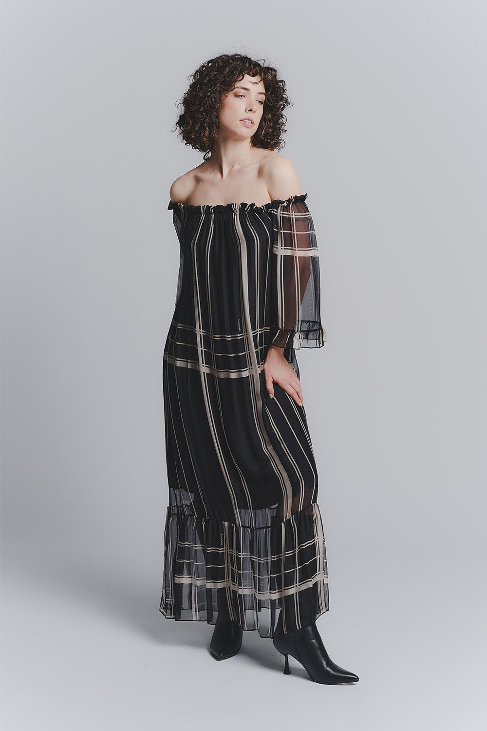 Abito Lungo Seta Nero con Scollo a Barca donna Barone firenze - 1
