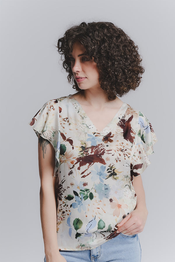 Blusa Maniche Volant Fiori Celeste donna Barone firenze