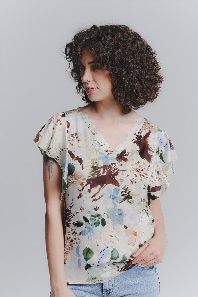 Blusa Maniche Volant Fiori Celeste donna Barone firenze - 1