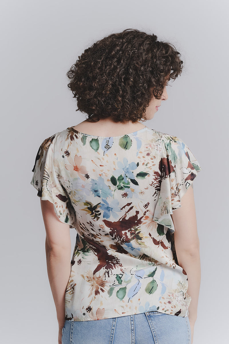 Blusa Maniche Volant Fiori Celeste donna Barone firenze - 2