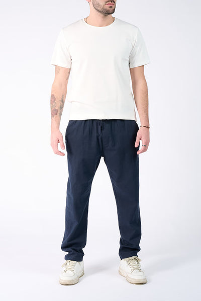 Pantaloni Lino con Elastico Blu
