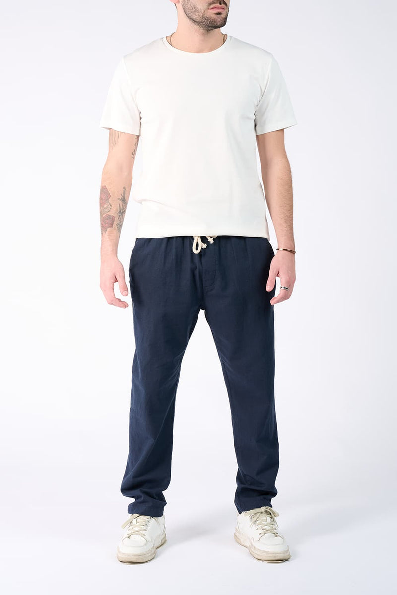 Pantaloni Lino con Elastico Blu uomo Barone firenze - 2