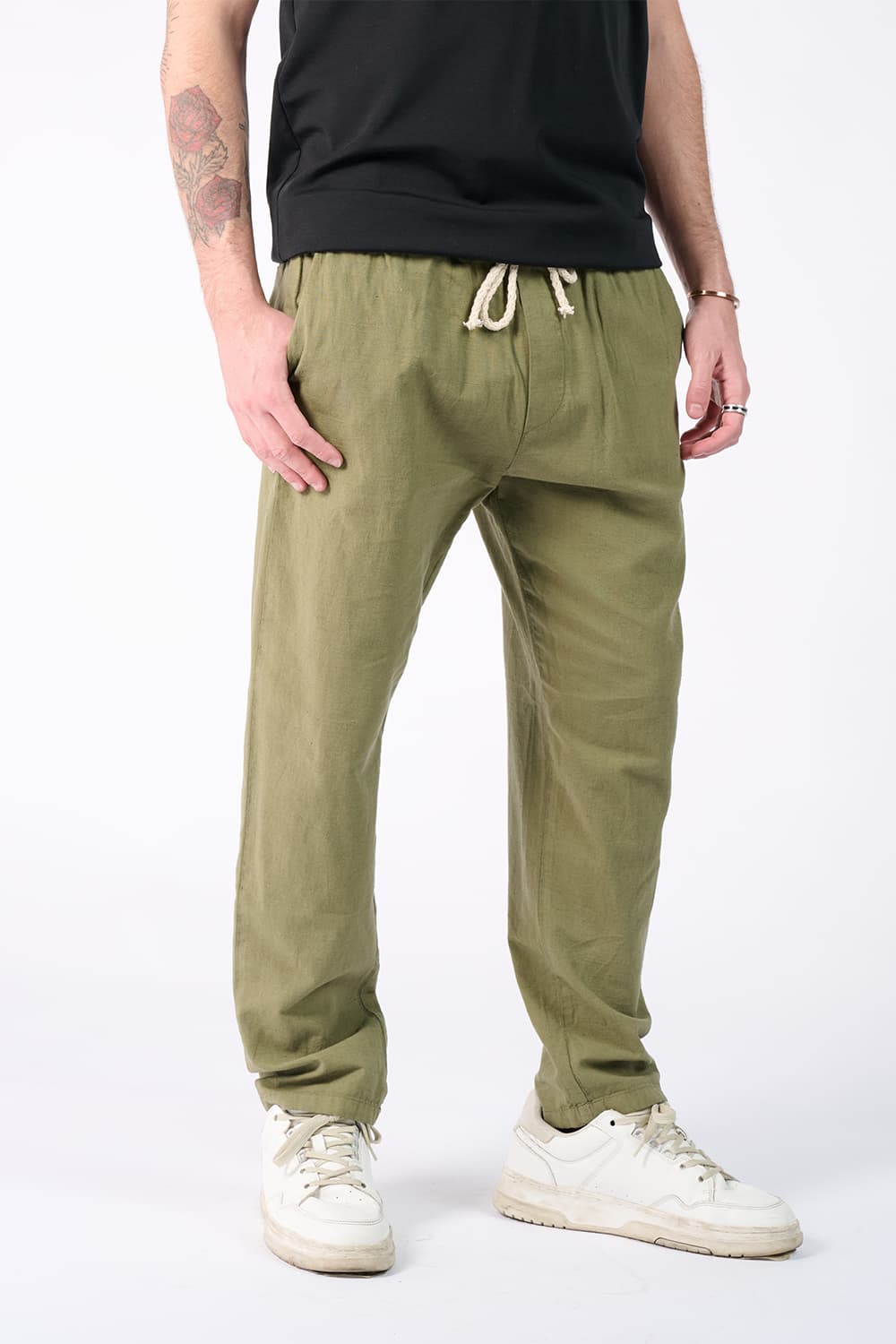 Pantaloni Lino con Elastico Verde uomo Barone firenze - 1