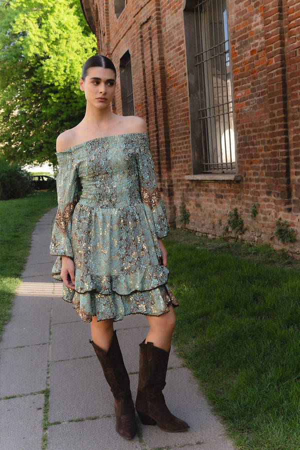 Abito Corto Gipsy Turchese Scollo a Barca donna Barone firenze