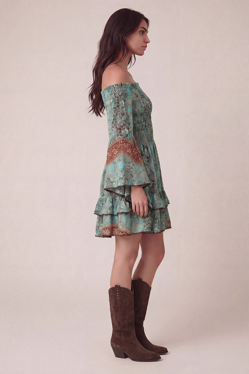 Abito Corto Gipsy Turchese Scollo a Barca donna Barone firenze - 6