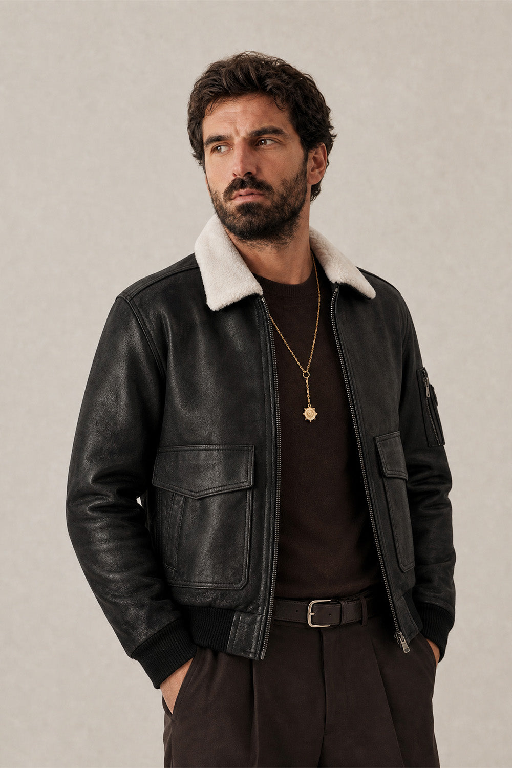 Giacca Aviatore Uomo Nero Shearling Style uomo Barone firenze - 7