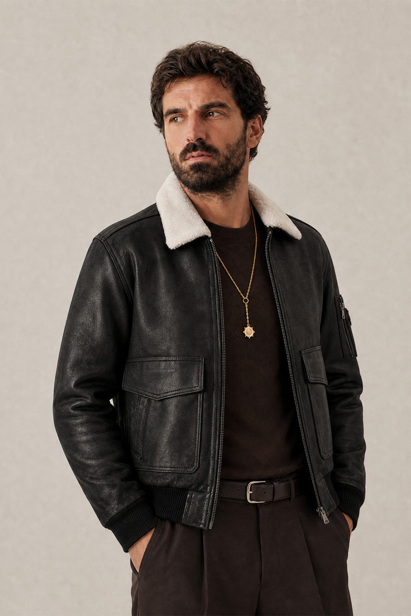 Giacca Aviatore Uomo Nero Shearling Style uomo Barone firenze - 7