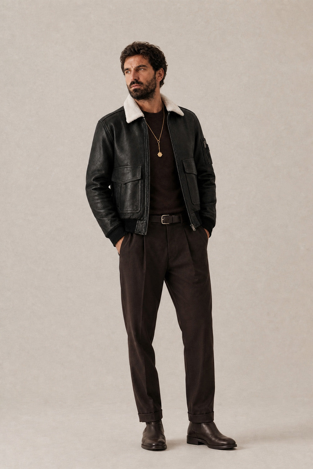 Giacca Aviatore Uomo Nero Shearling Style uomo Barone firenze - 4