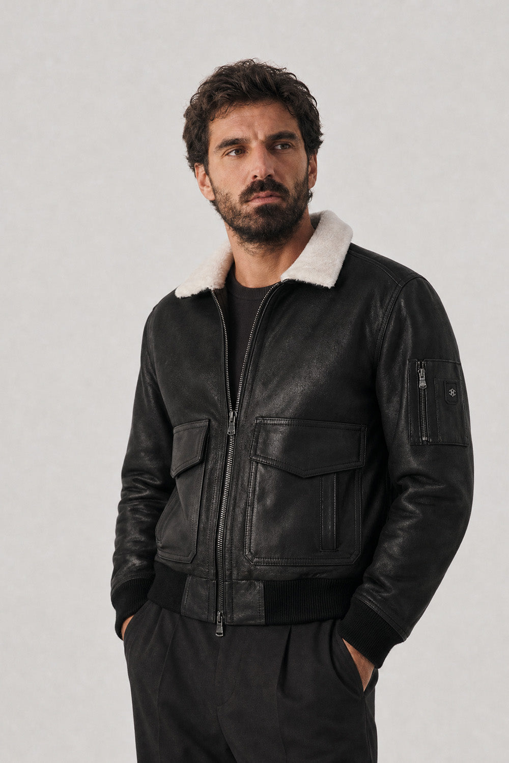 Giacca Aviatore Uomo Nero Shearling Style uomo Barone firenze - 3
