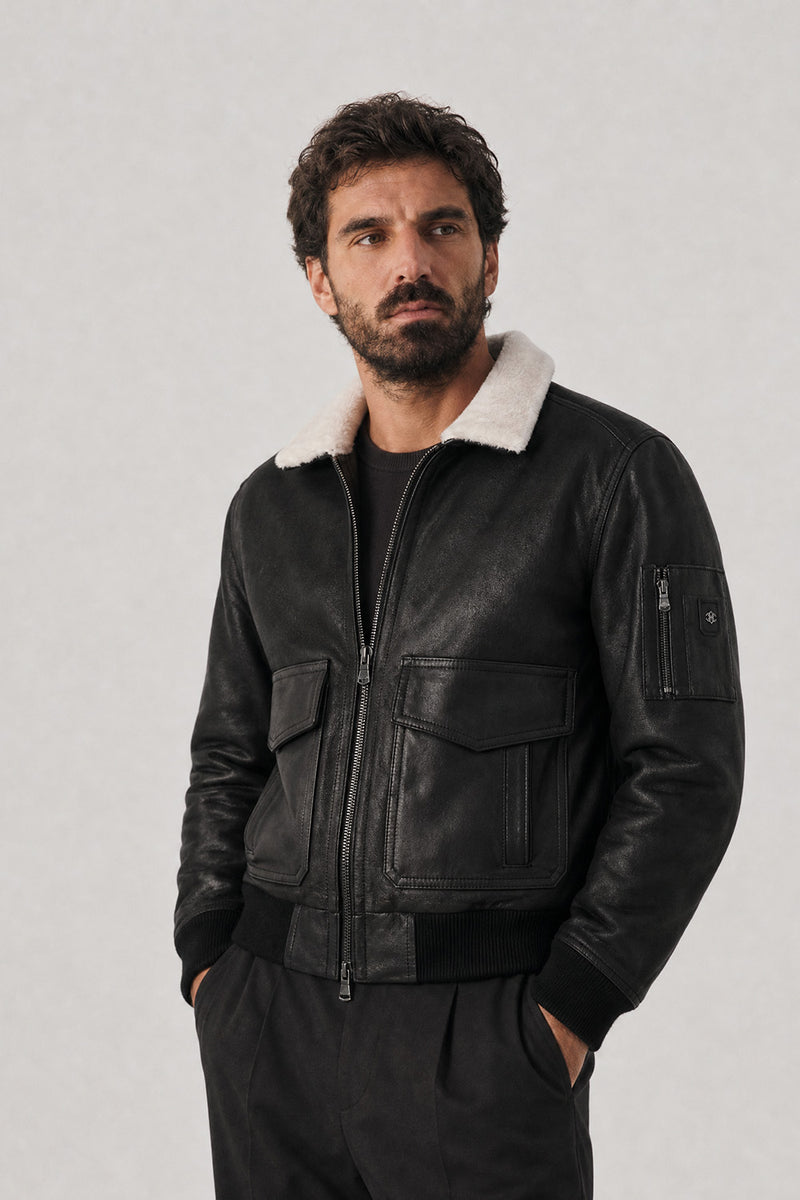 Giacca Aviatore Uomo Nero Shearling Style uomo Barone firenze - 3